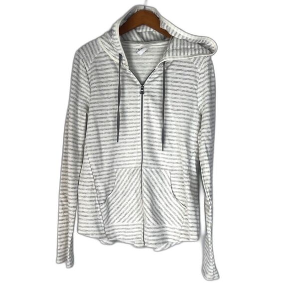 Cable & Gauge White & Gray Striped Hooded Full Zip Up Sweater Size Medium - Picture 1 of 10
